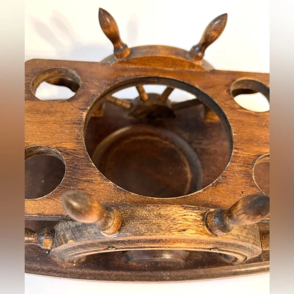 VTG Wooden Stand Ship's Wheel Serving Bar Tray for Bottle & Shot Glasses Handles